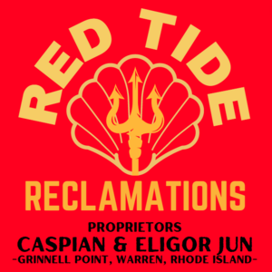 A logo of a seashell and a trident for the company Red Tide Reclamations