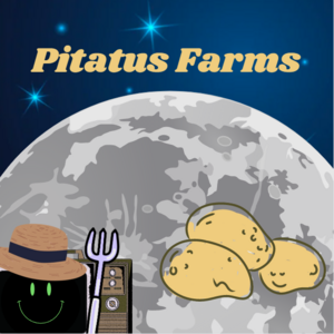 A logo for Pitatus Farms, with a robuddy tending a crop of potatoes