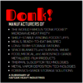 A logo and ad for the Donk corporation, specializing in shelf-stable foodstuffs and metal films