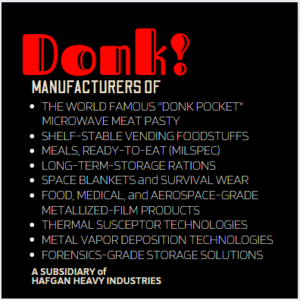 A logo and ad for the Donk corporation, specializing in shelf-stable foodstuffs and metal films