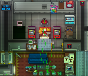 The image depects a mechanical component machine made in Space Station 13 with the steps as said below. It also depicts a monkey in the middle of 2 vending machines strapped to a chair on a table.